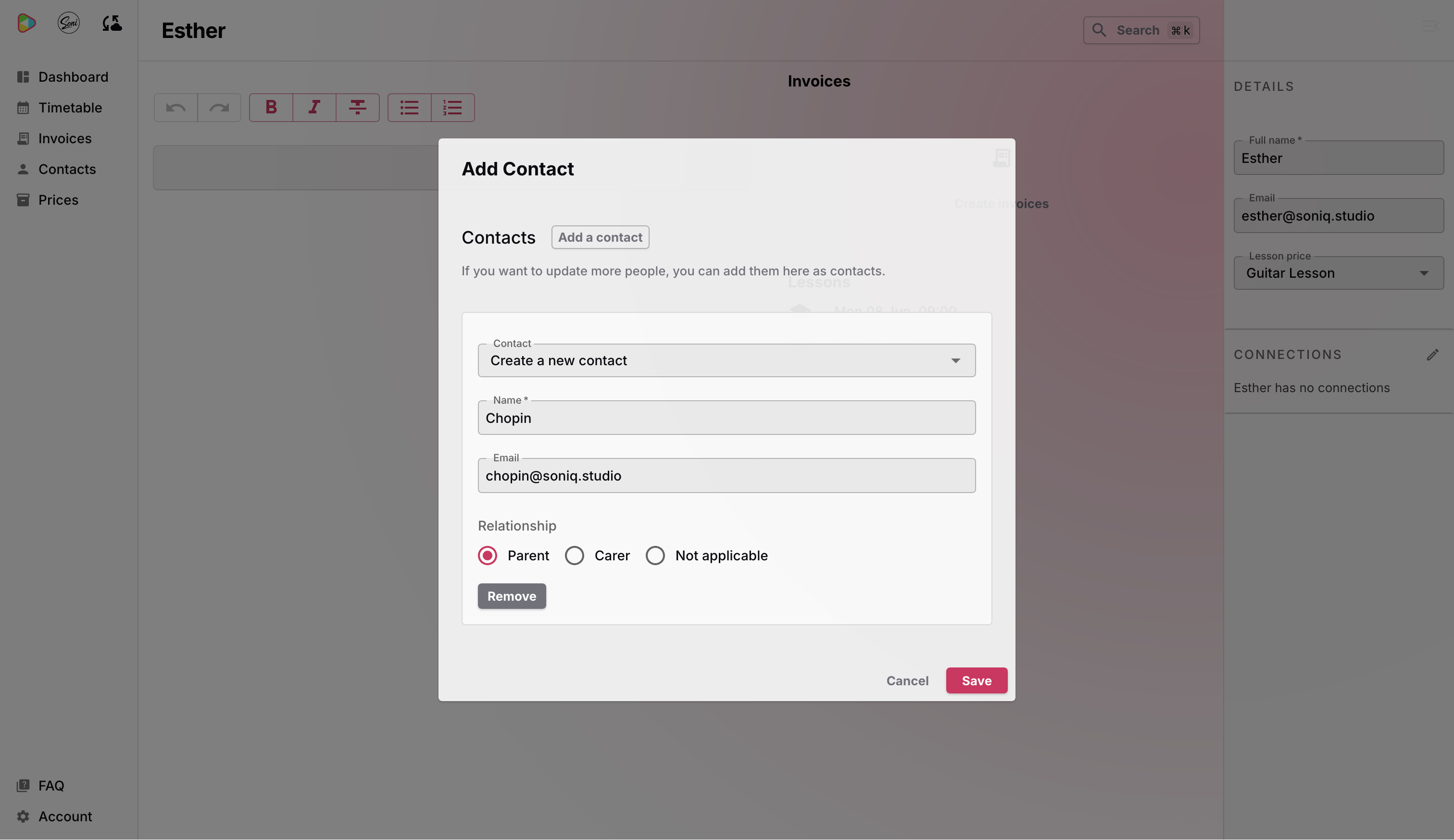 The Add Contact dialog with Chopin’s email address filled in